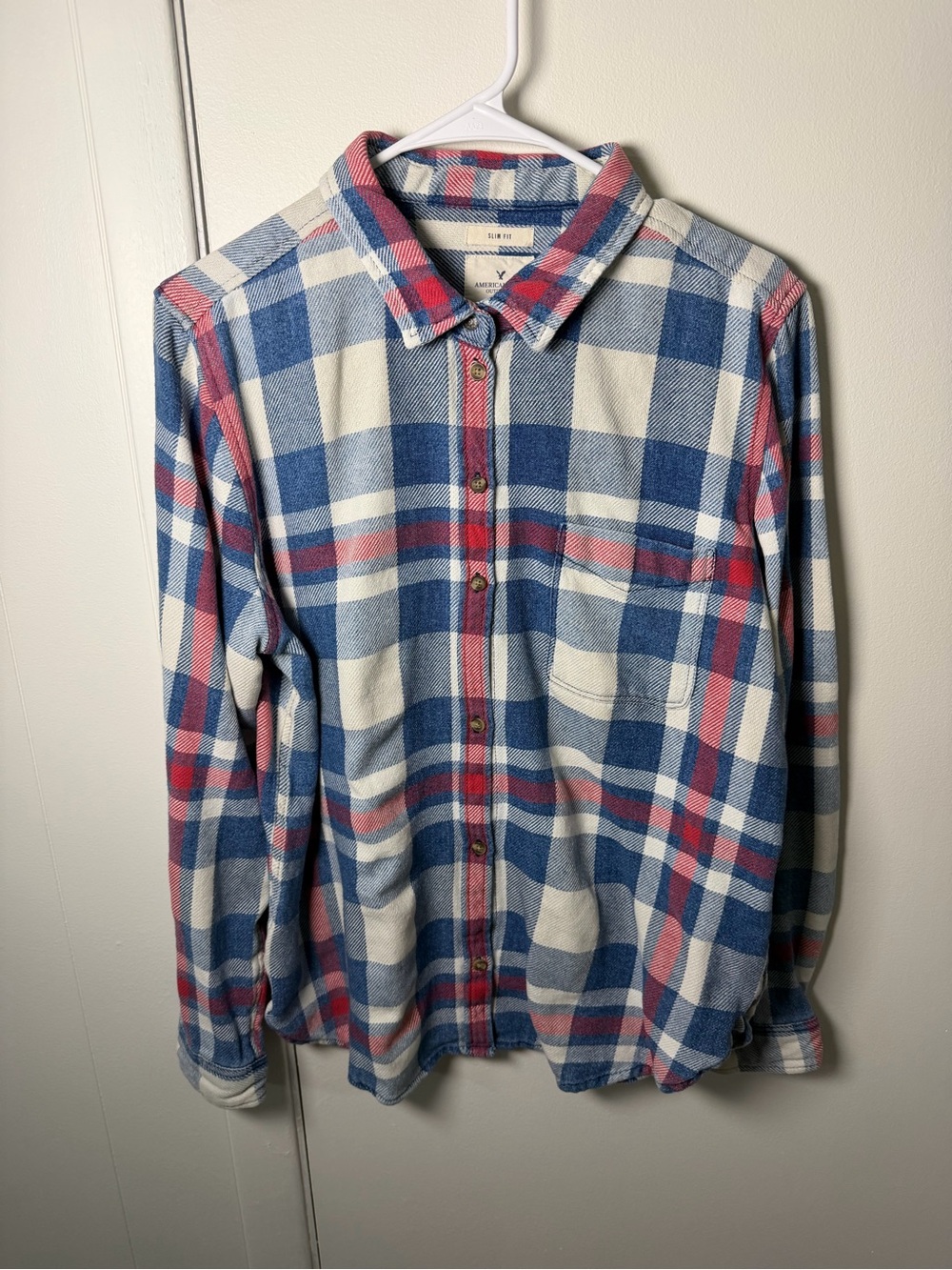 American Eagle Women’s Slim Fit Flannel Shirt | Blue/Red Plaid | XL | GUC